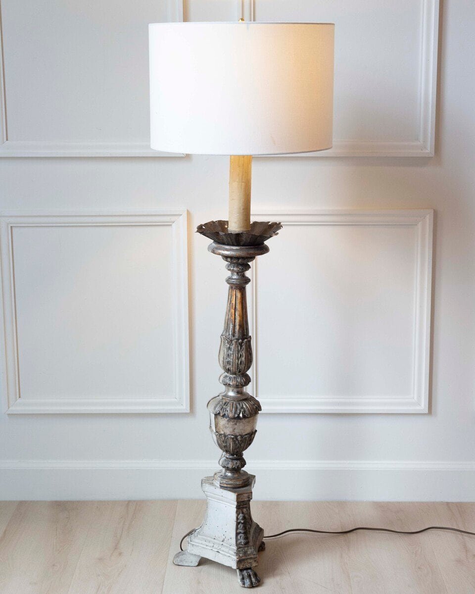 Antique Carved Silver Plated Wood Candlestick 18th Century Italy - JAA