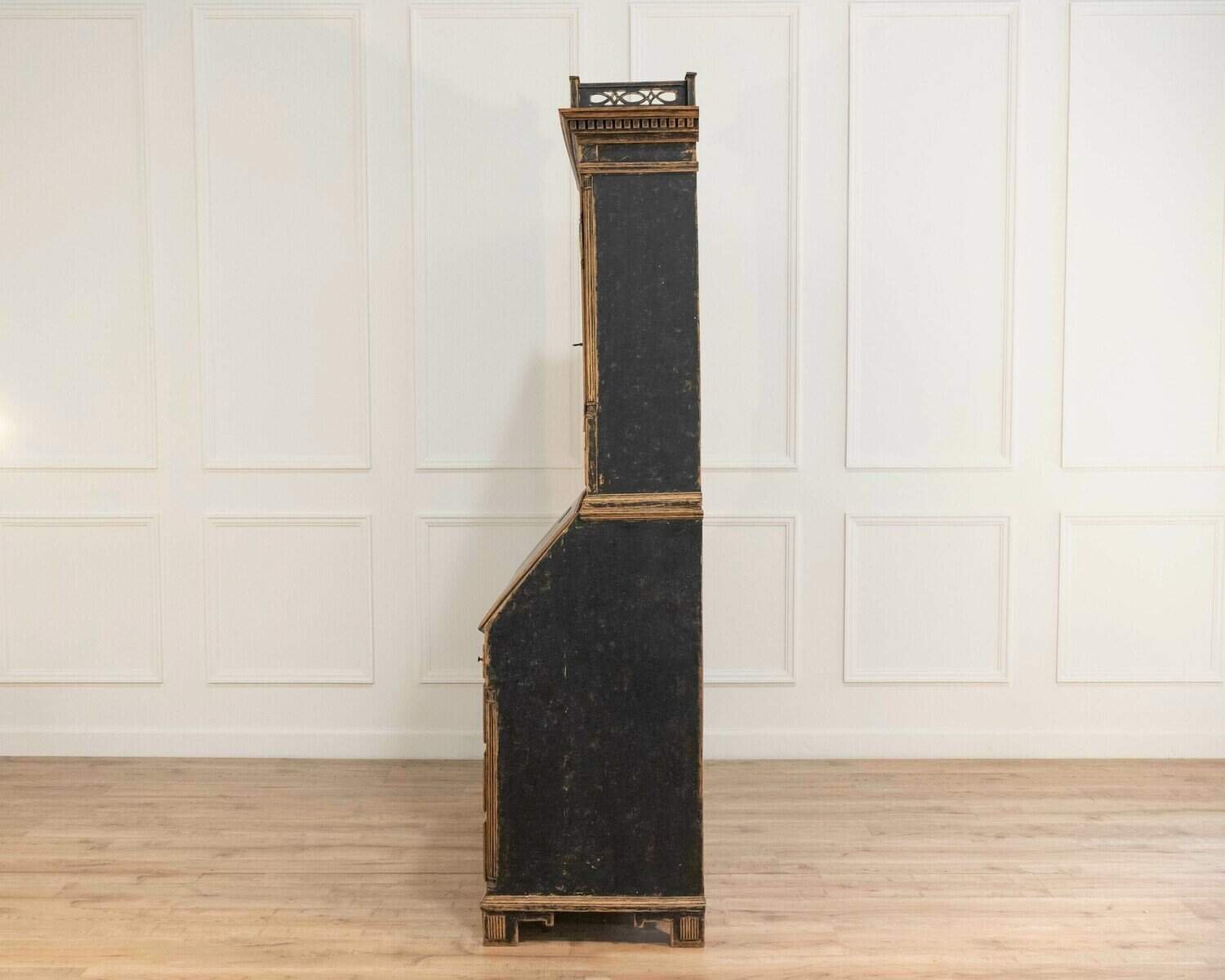 Louis XVI–Style Secretary with Glass Doors, Repainted Black, Blue Interior - JAA