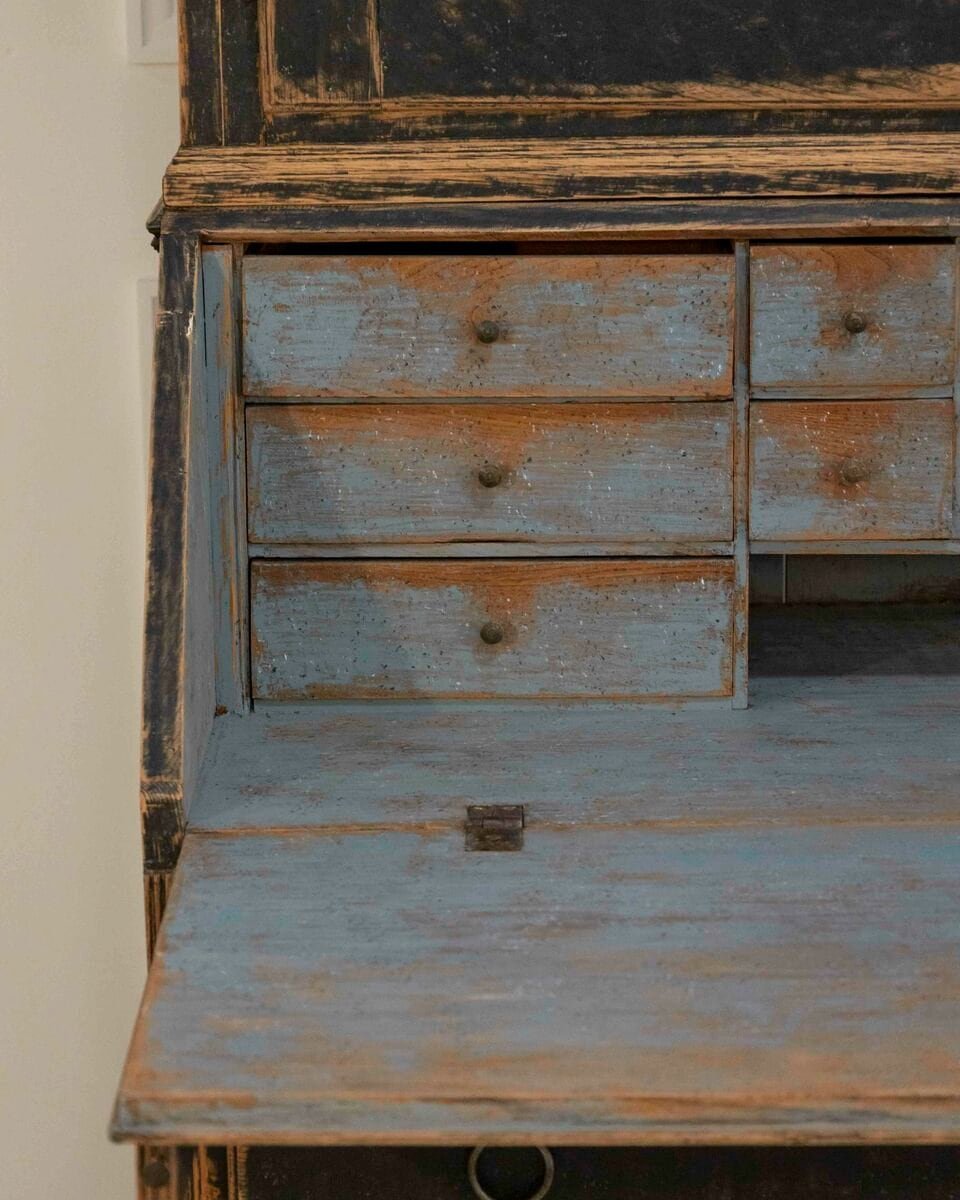 Louis XVI–Style Secretary with Glass Doors, Repainted Black, Blue Interior - JAA