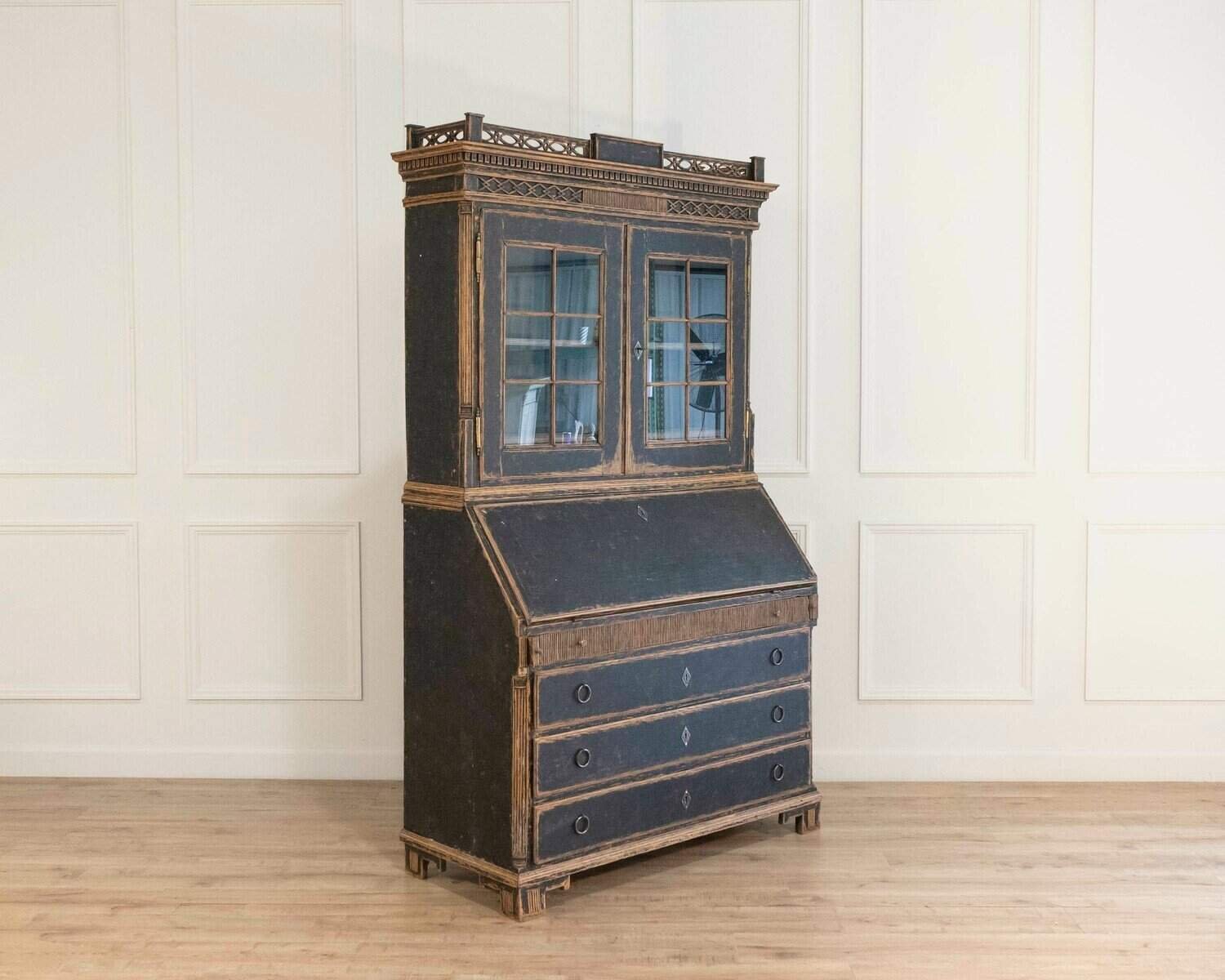 Louis XVI–Style Secretary with Glass Doors, Repainted Black, Blue Interior - JAA