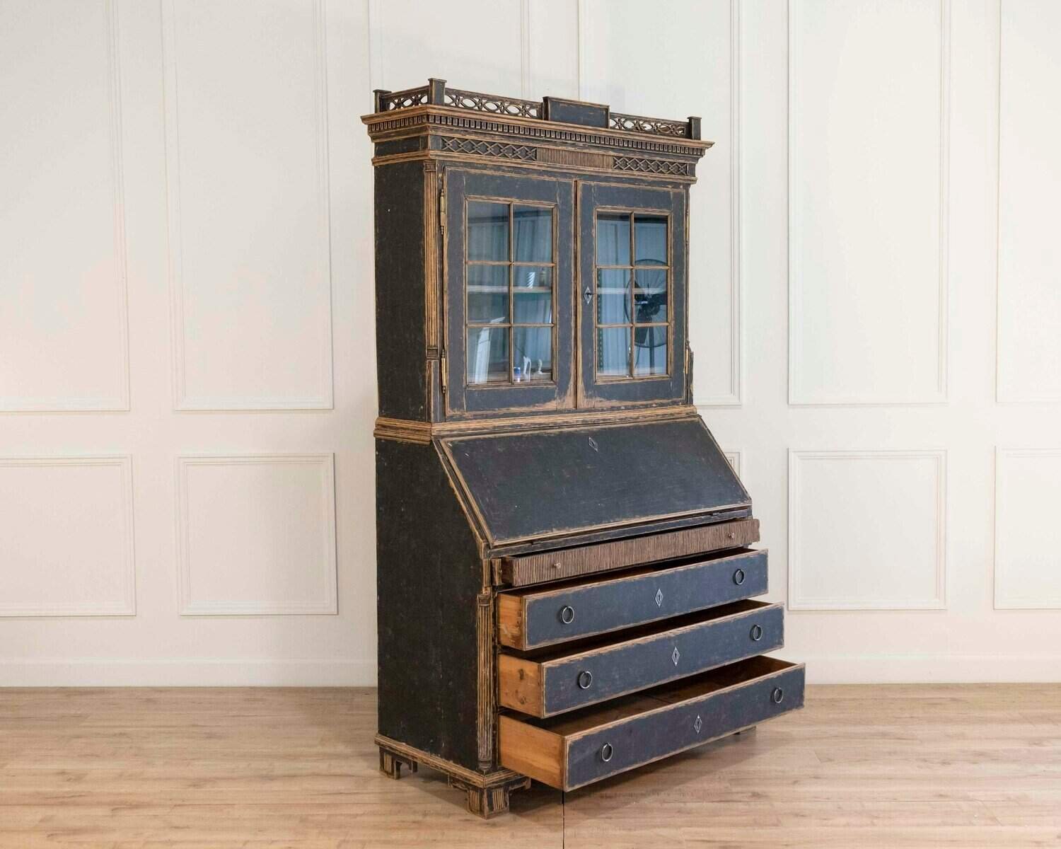 Louis XVI–Style Secretary with Glass Doors, Repainted Black, Blue Interior - JAA