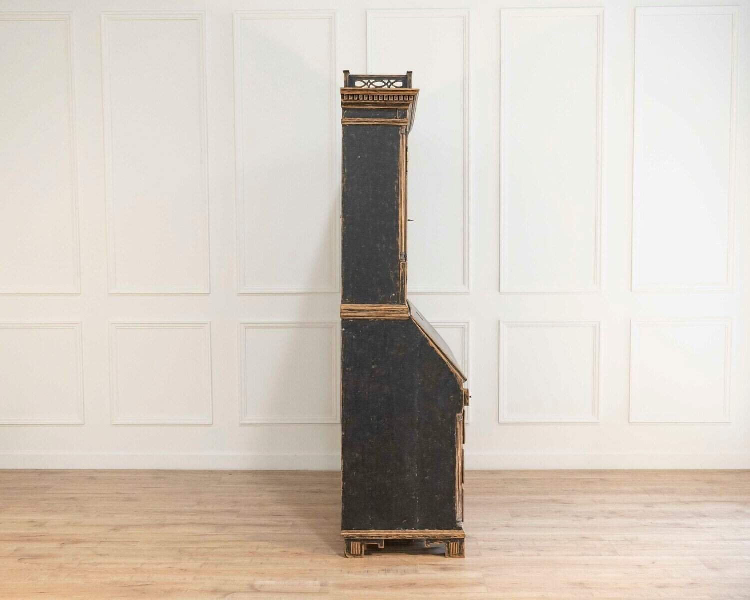 Louis XVI–Style Secretary with Glass Doors, Repainted Black, Blue Interior - JAA