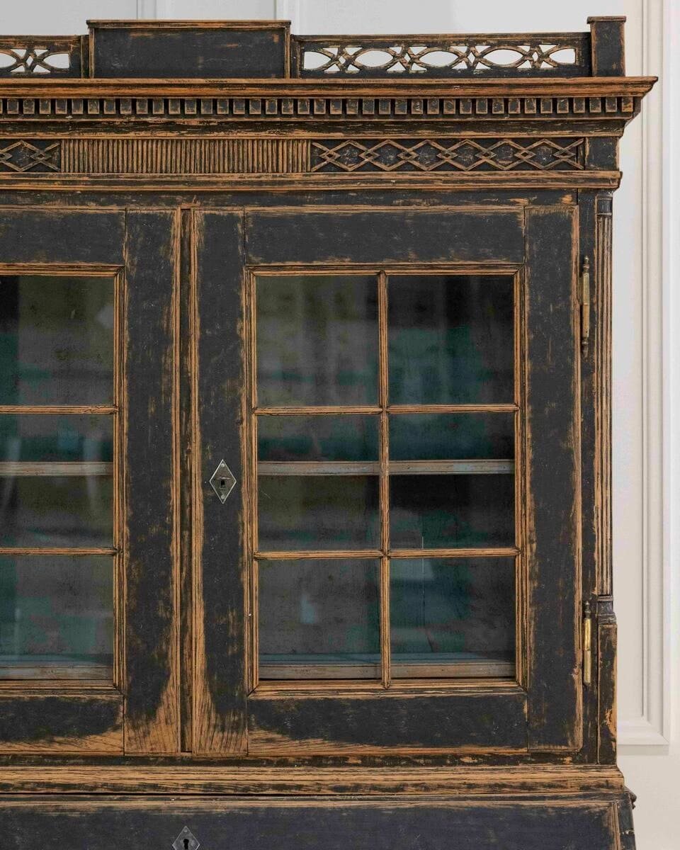 Louis XVI–Style Secretary with Glass Doors, Repainted Black, Blue Interior - JAA