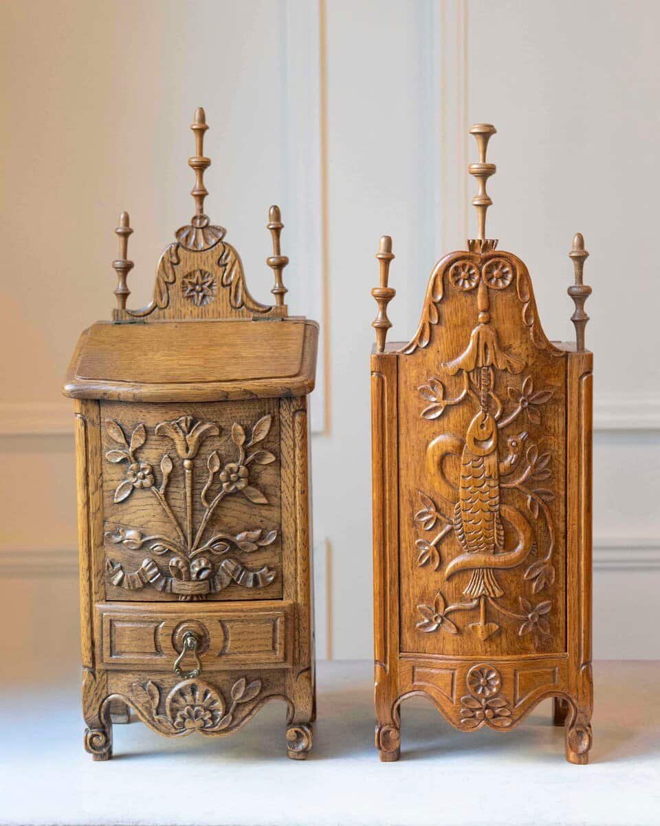 Pair of French Hand-Carved Salt and Flour Boxes, Early 20th Century - JAA