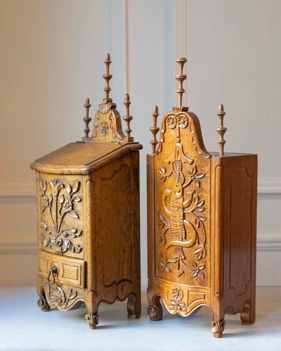 Pair of French Hand-Carved Salt and Flour Boxes, Early 20th Century - JAA