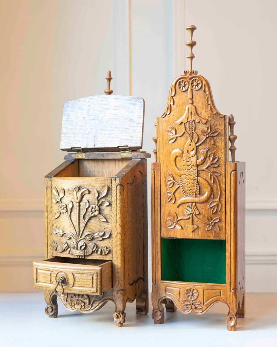 Pair of French Hand-Carved Salt and Flour Boxes, Early 20th Century - JAA