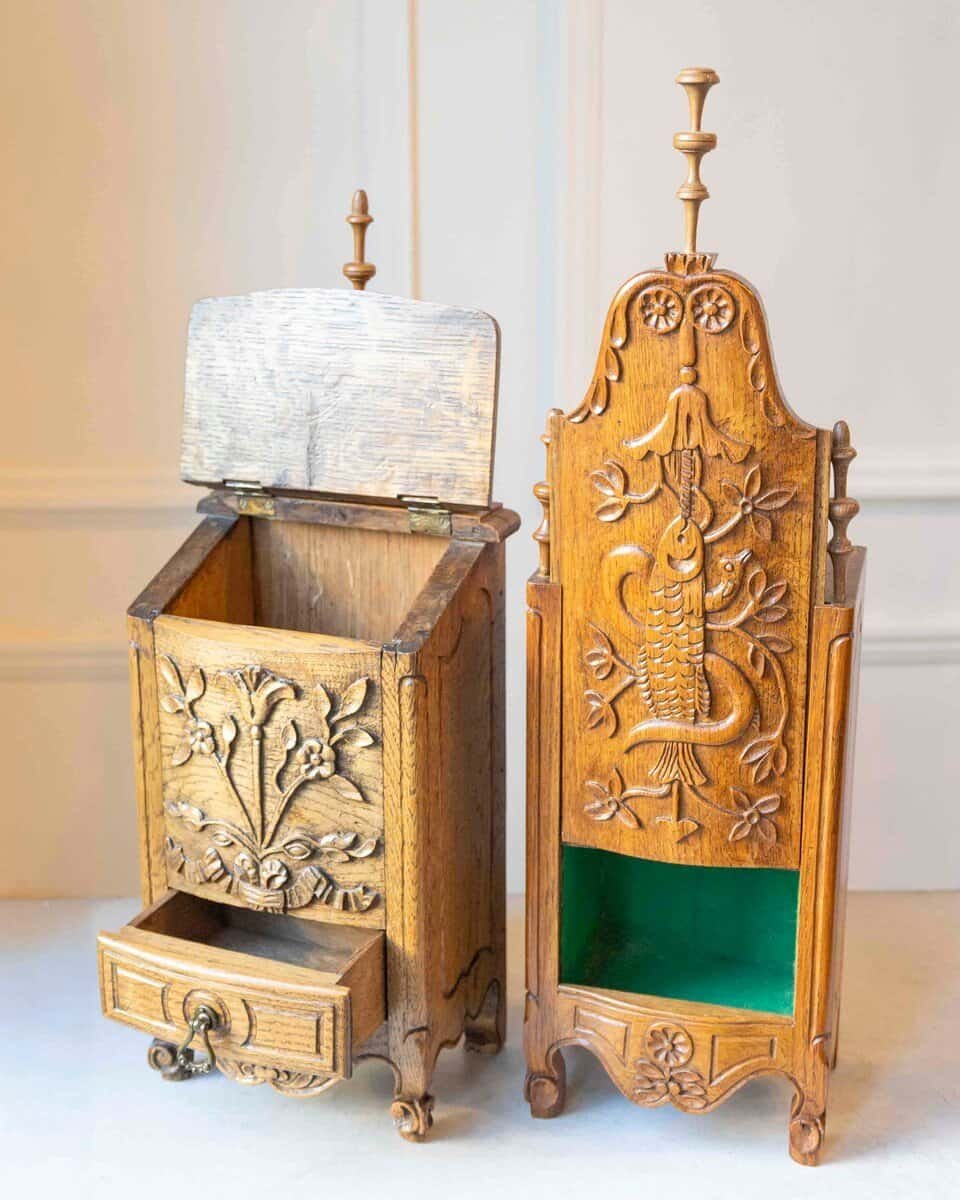 Pair of French Hand-Carved Salt and Flour Boxes, Early 20th Century - JAA