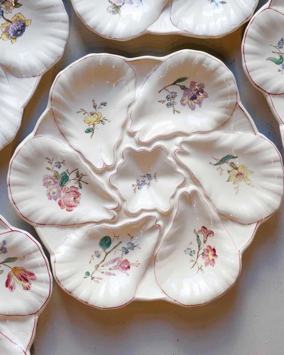 French 19th Century Longchamp Majolica Oyster Plates with Painted Floral Décor - JAA