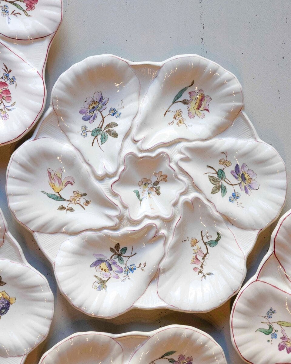 French 19th Century Longchamp Majolica Oyster Plates with Painted Floral Décor - JAA