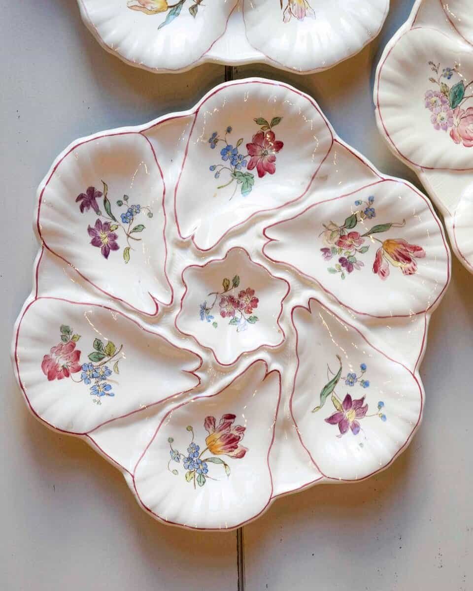 French 19th Century Longchamp Majolica Oyster Plates with Painted Floral Décor - JAA