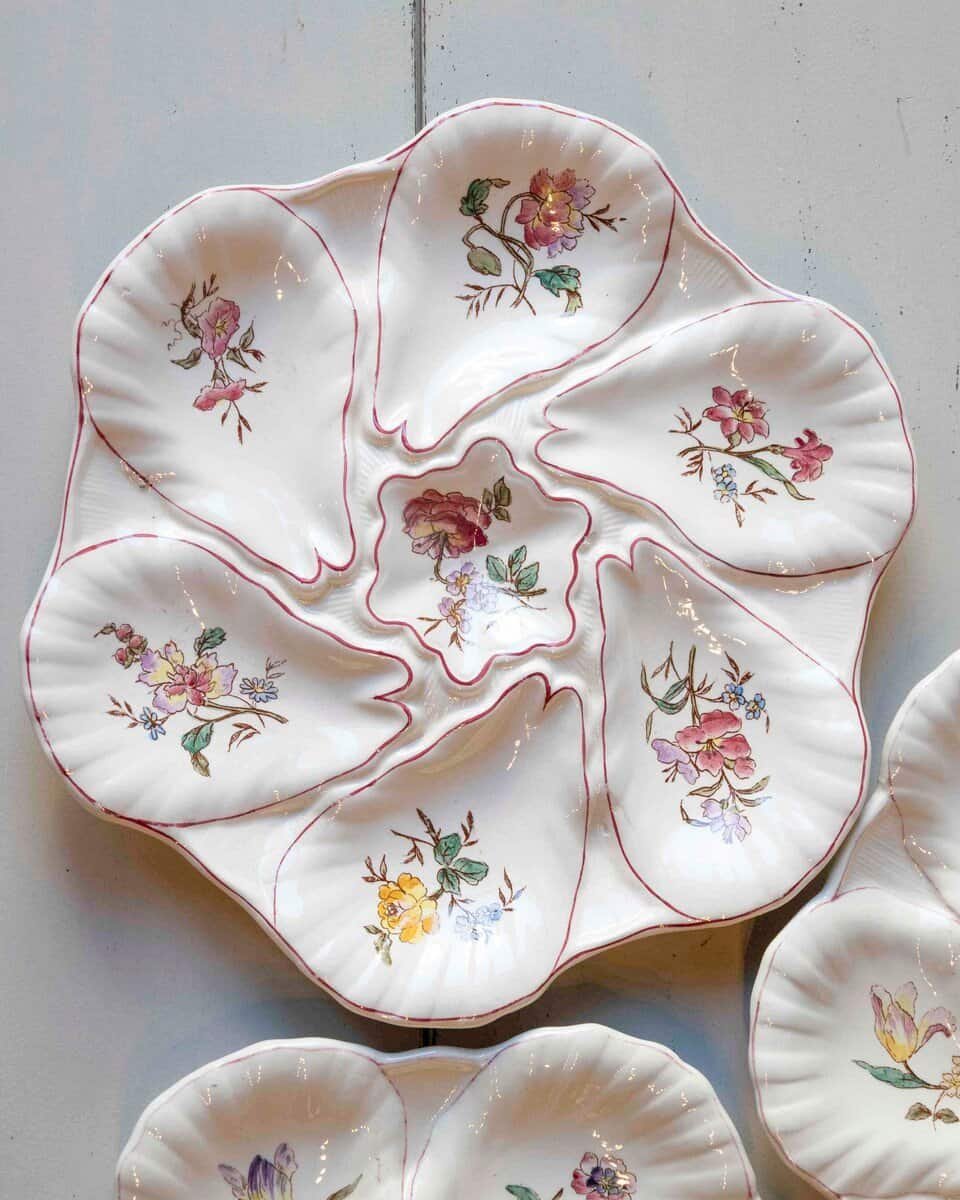 French 19th Century Longchamp Majolica Oyster Plates with Painted Floral Décor - JAA