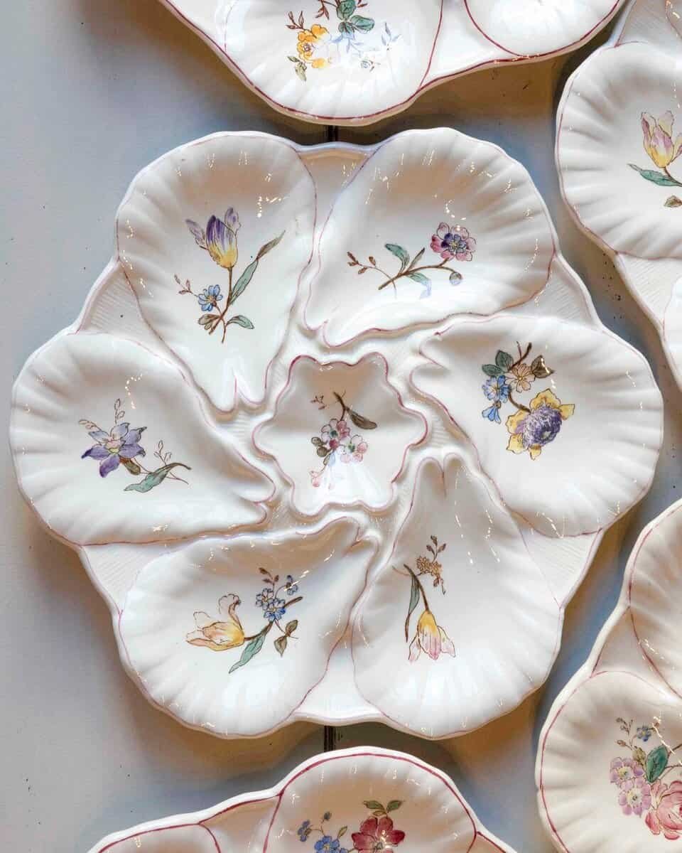 French 19th Century Longchamp Majolica Oyster Plates with Painted Floral Décor - JAA