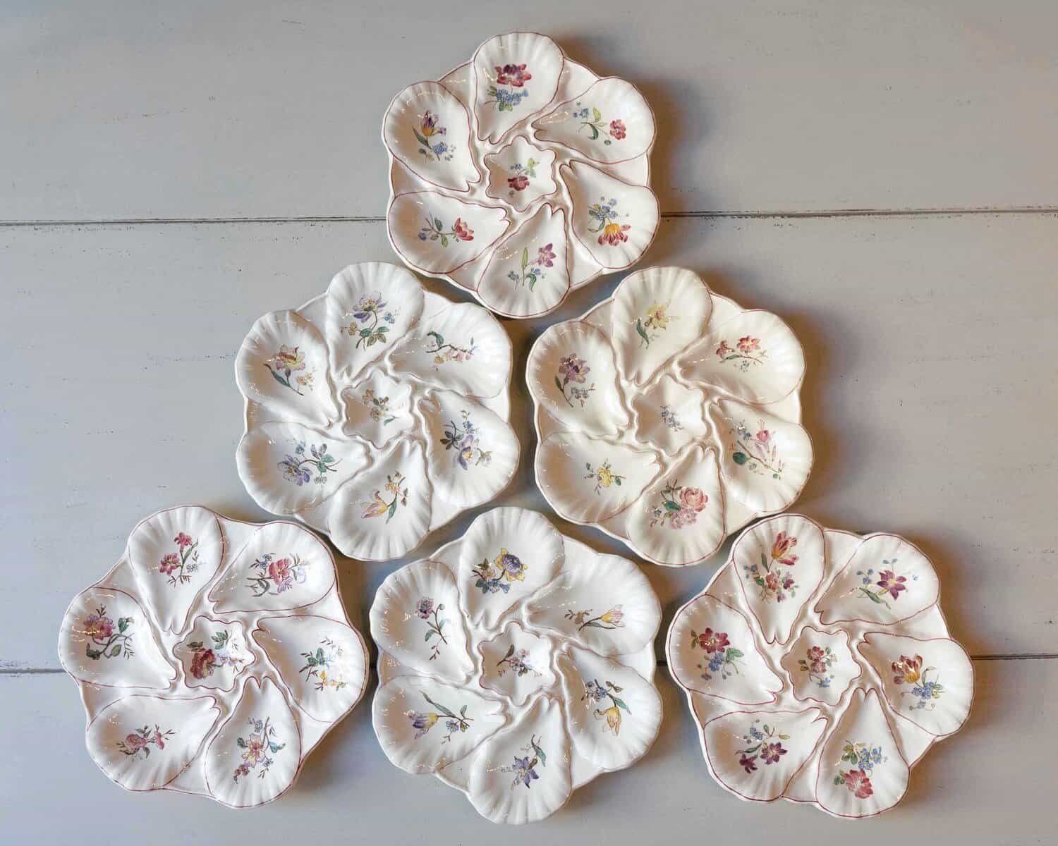 French 19th Century Longchamp Majolica Oyster Plates with Painted Floral Décor - JAA