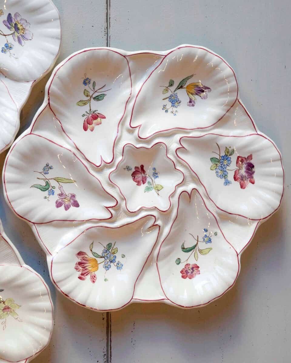 French 19th Century Longchamp Majolica Oyster Plates with Painted Floral Décor - JAA