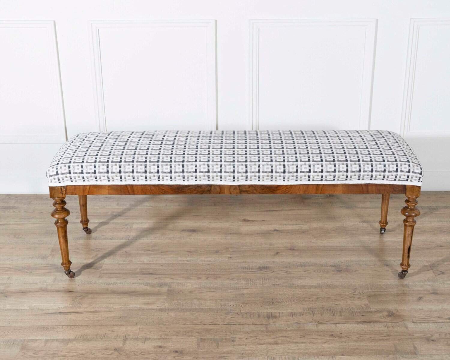 Pair of 19th-Century Walnut Upholstered Benches with Turned Legs and Casters - JAA