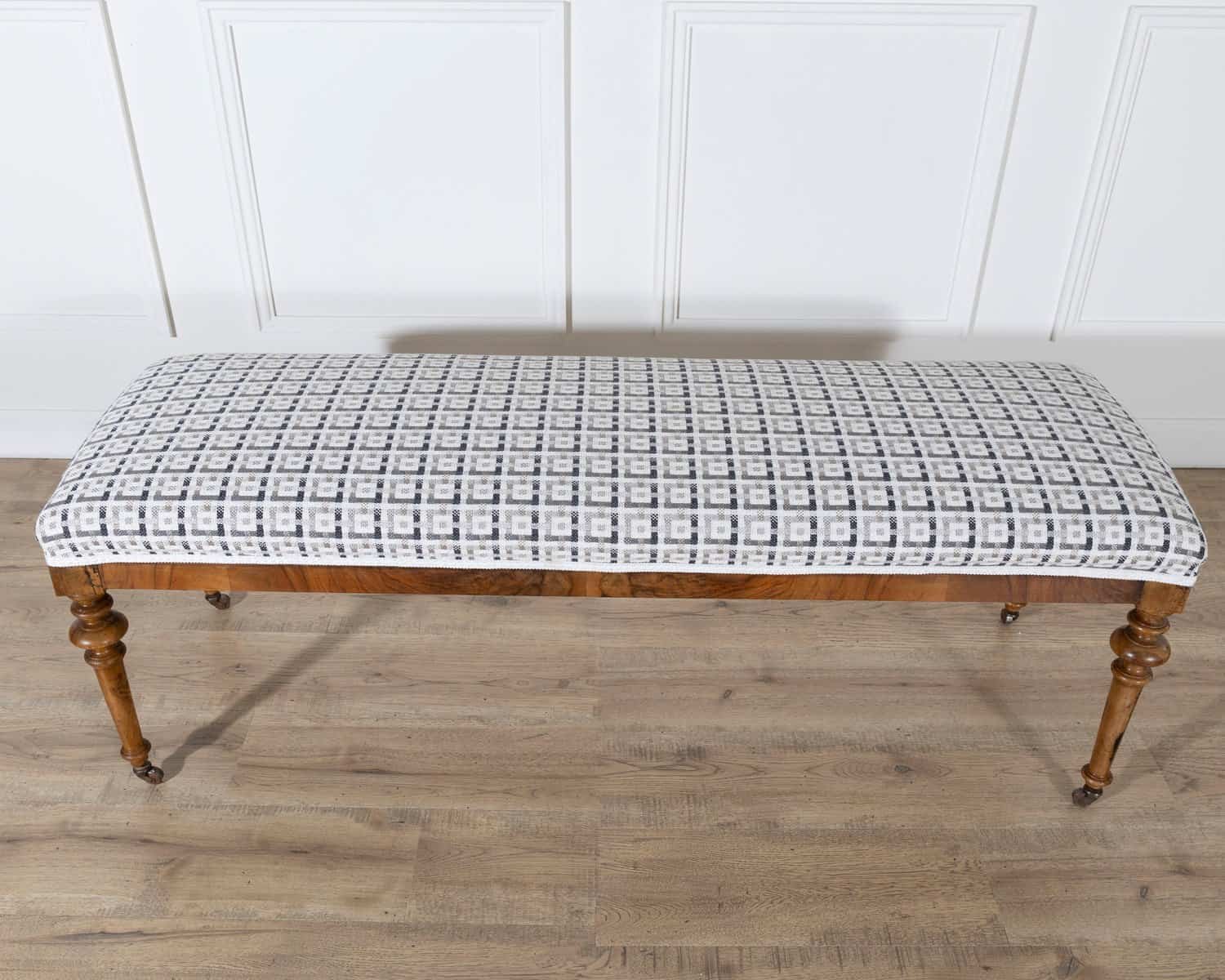 Pair of 19th-Century Walnut Upholstered Benches with Turned Legs and Casters - JAA