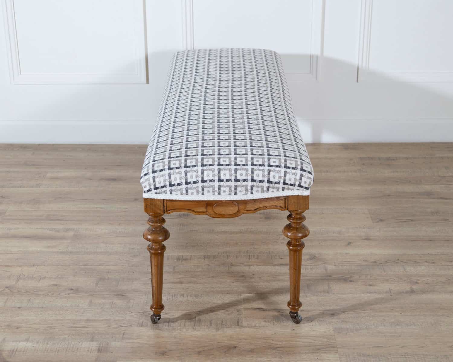 Pair of 19th-Century Walnut Upholstered Benches with Turned Legs and Casters - JAA