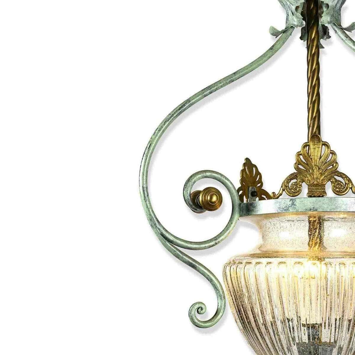 Vintage Green Painted Wrought Iron Lantern with Blown Glass Bowl - JAA