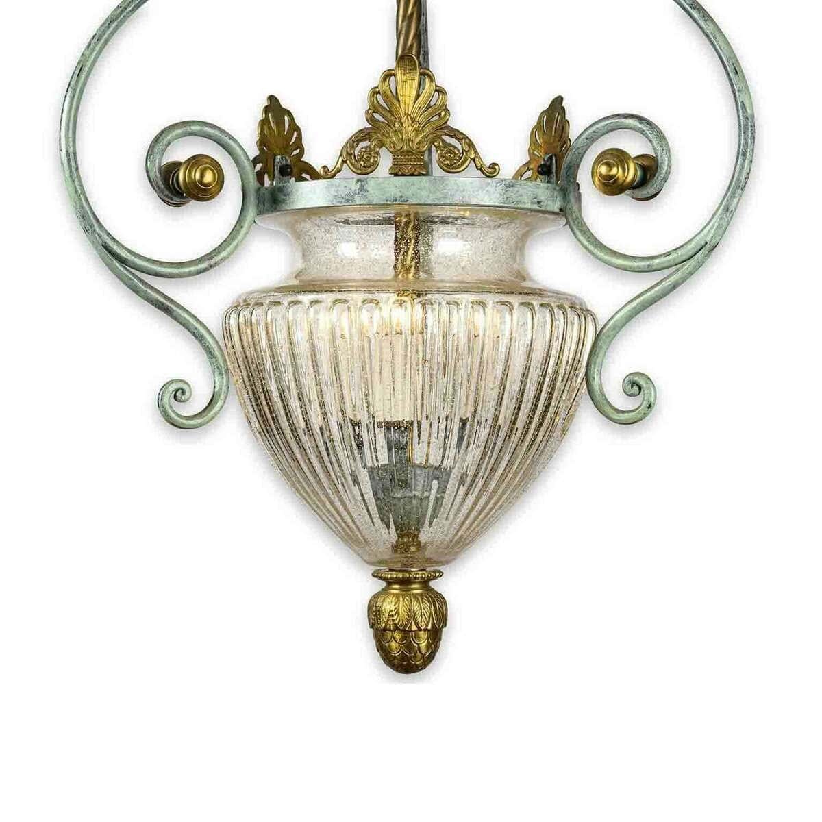 Vintage Green Painted Wrought Iron Lantern with Blown Glass Bowl - JAA