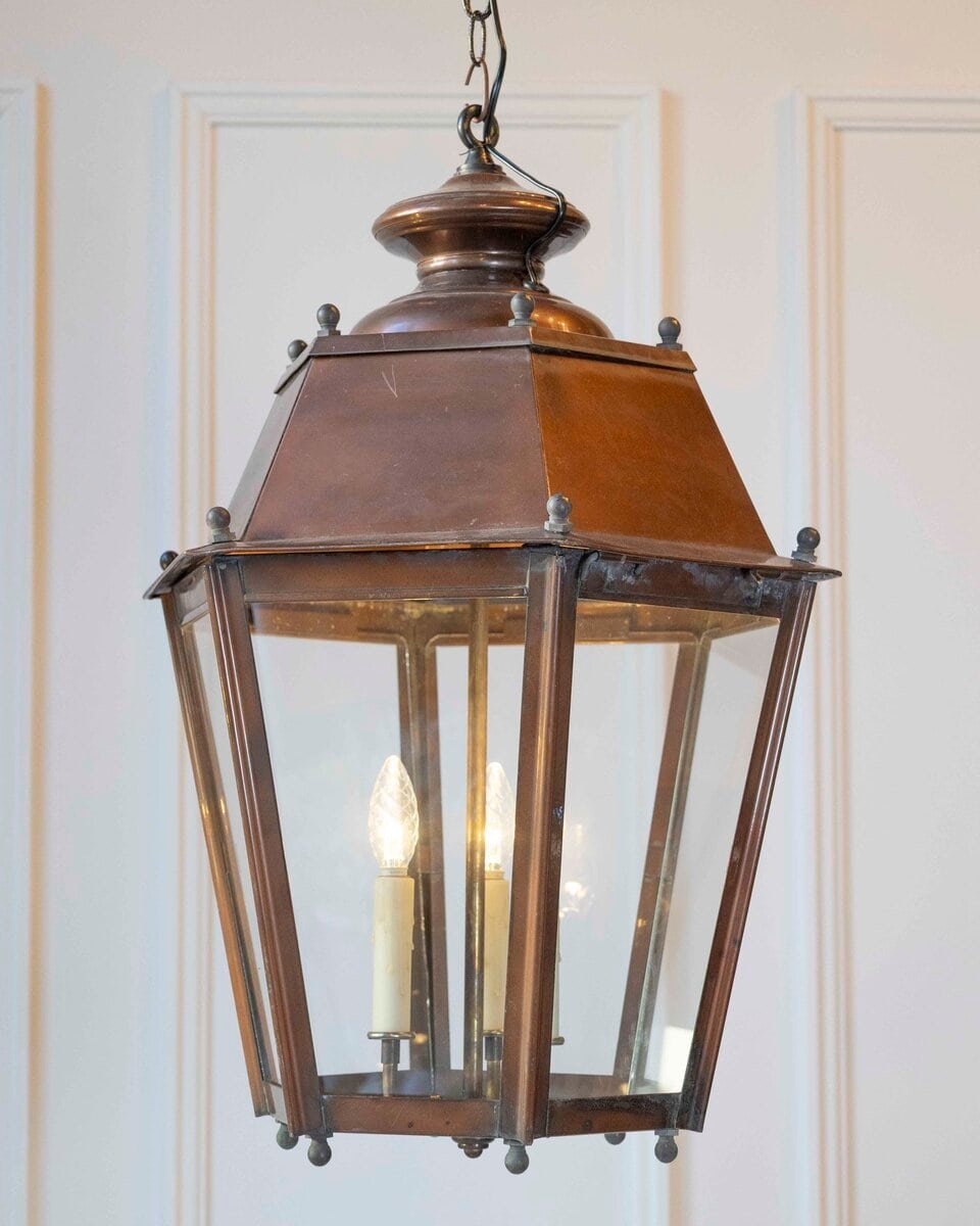 Pair of French Copper Three-Light Hexagonal Lanterns with Glass Panels, US Wired - JAA
