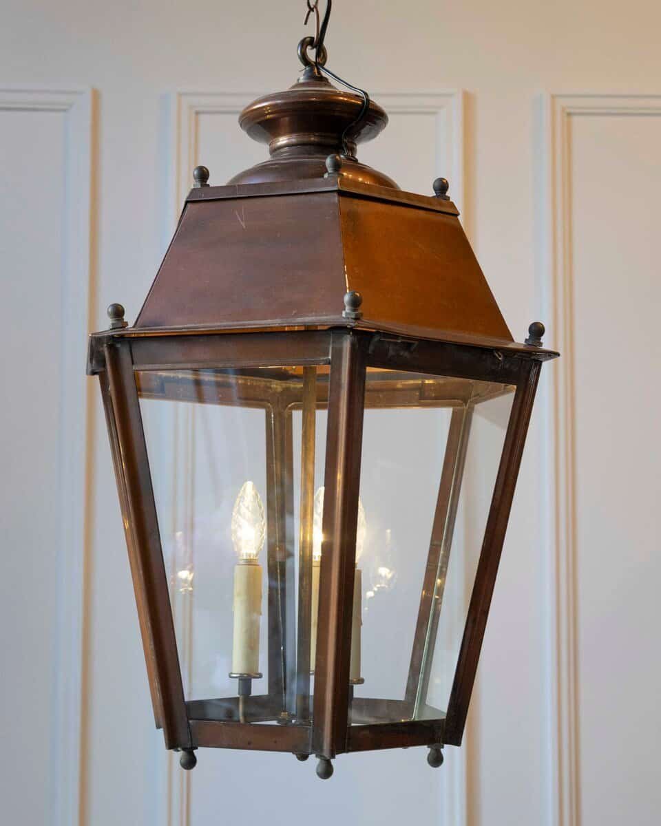 Pair of French Copper Three-Light Hexagonal Lanterns with Glass Panels, US Wired - JAA