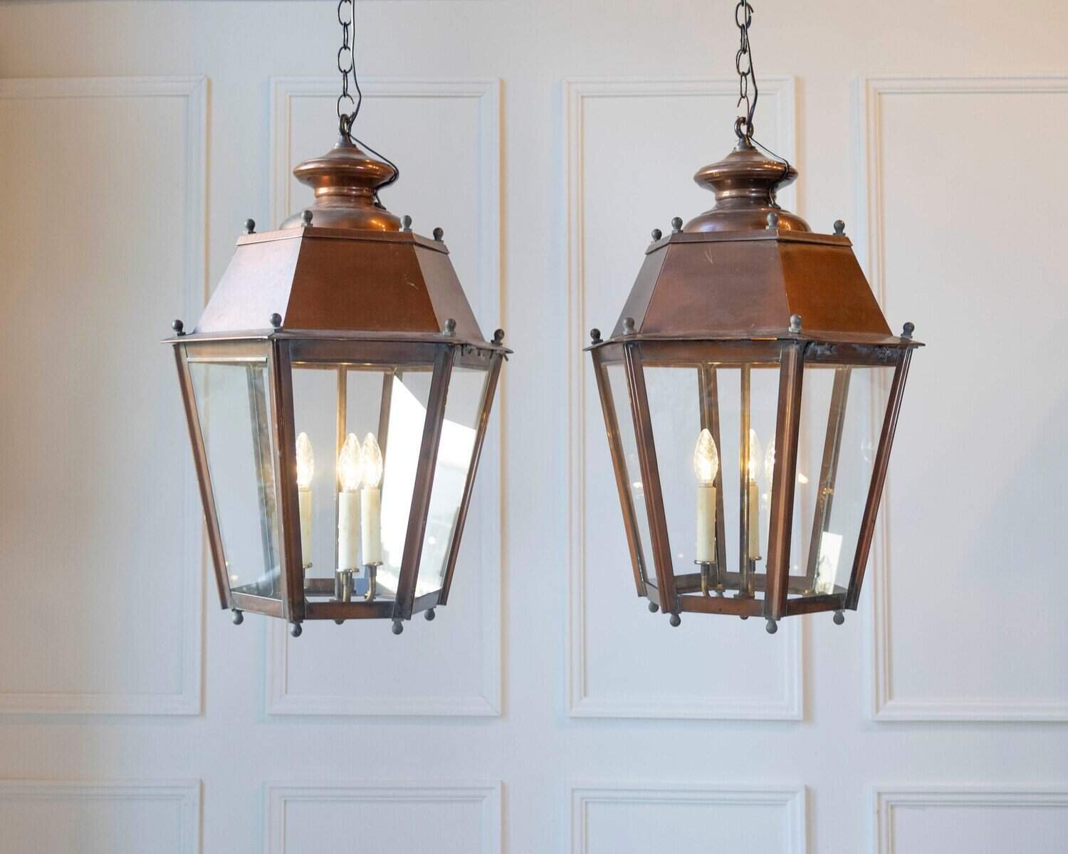 Pair of French Copper Three-Light Hexagonal Lanterns with Glass Panels, US Wired - JAA