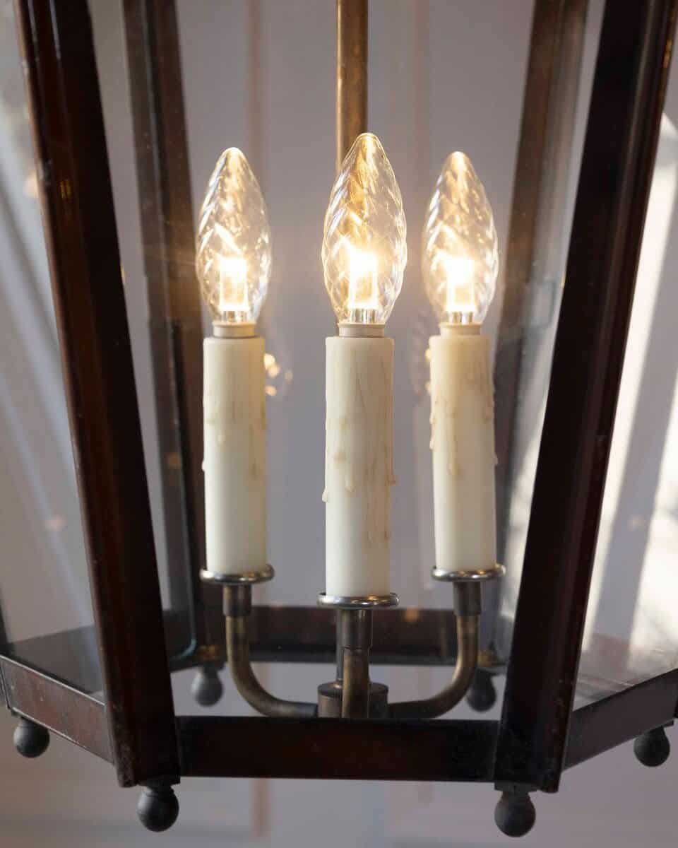 Pair of French Copper Three-Light Hexagonal Lanterns with Glass Panels, US Wired - JAA