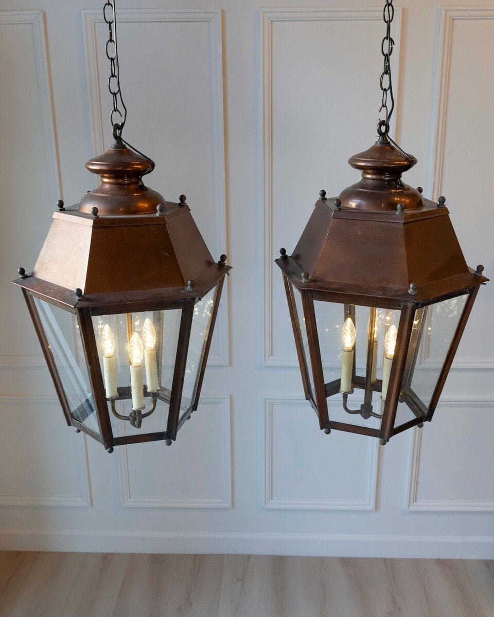 Pair of French Copper Three-Light Hexagonal Lanterns with Glass Panels, US Wired - JAA