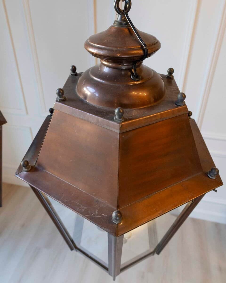 Pair of French Copper Three-Light Hexagonal Lanterns with Glass Panels, US Wired - JAA