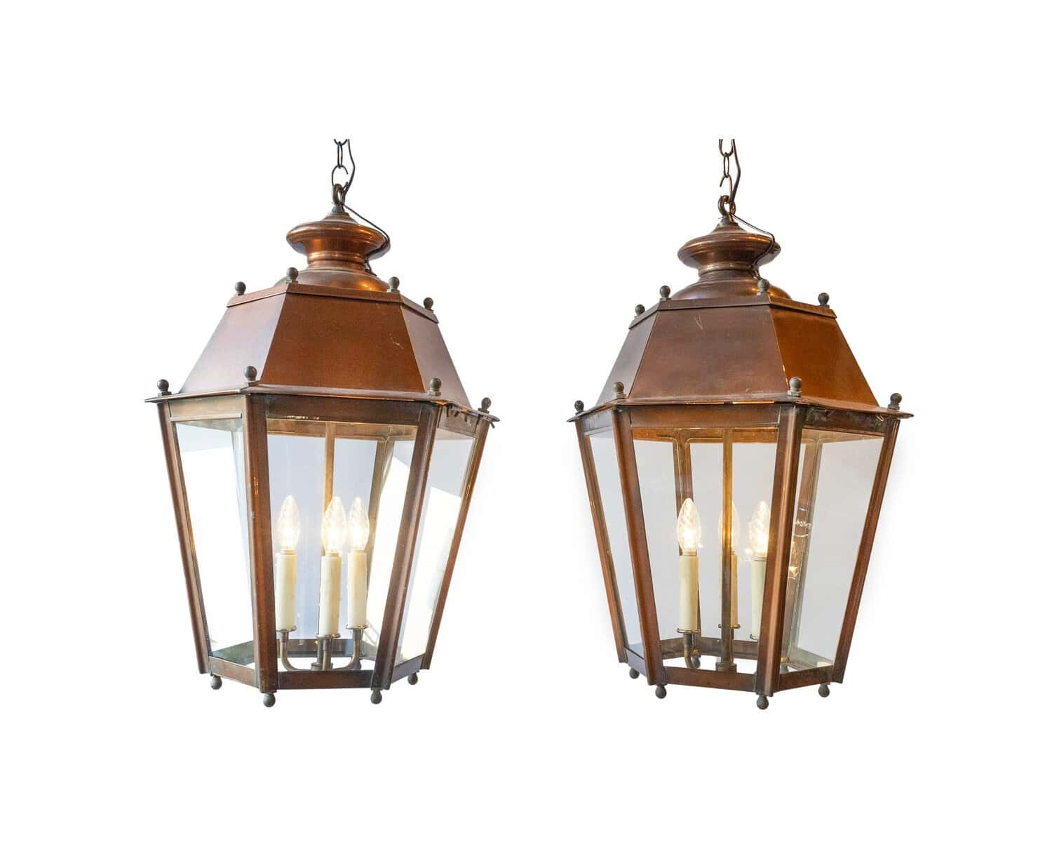 Pair of French Copper Three-Light Hexagonal Lanterns with Glass Panels, US Wired