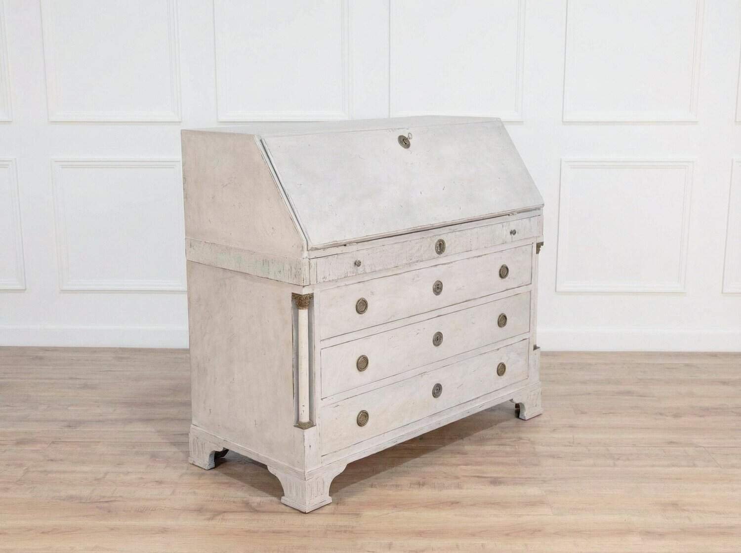 19th-Century Swedish Bureau with Carved Columns and Blue-Painted Interior - JAA