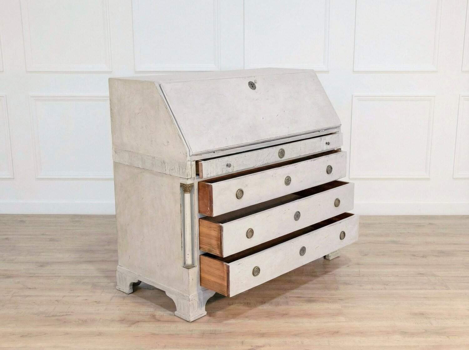 19th-Century Swedish Bureau with Carved Columns and Blue-Painted Interior - JAA