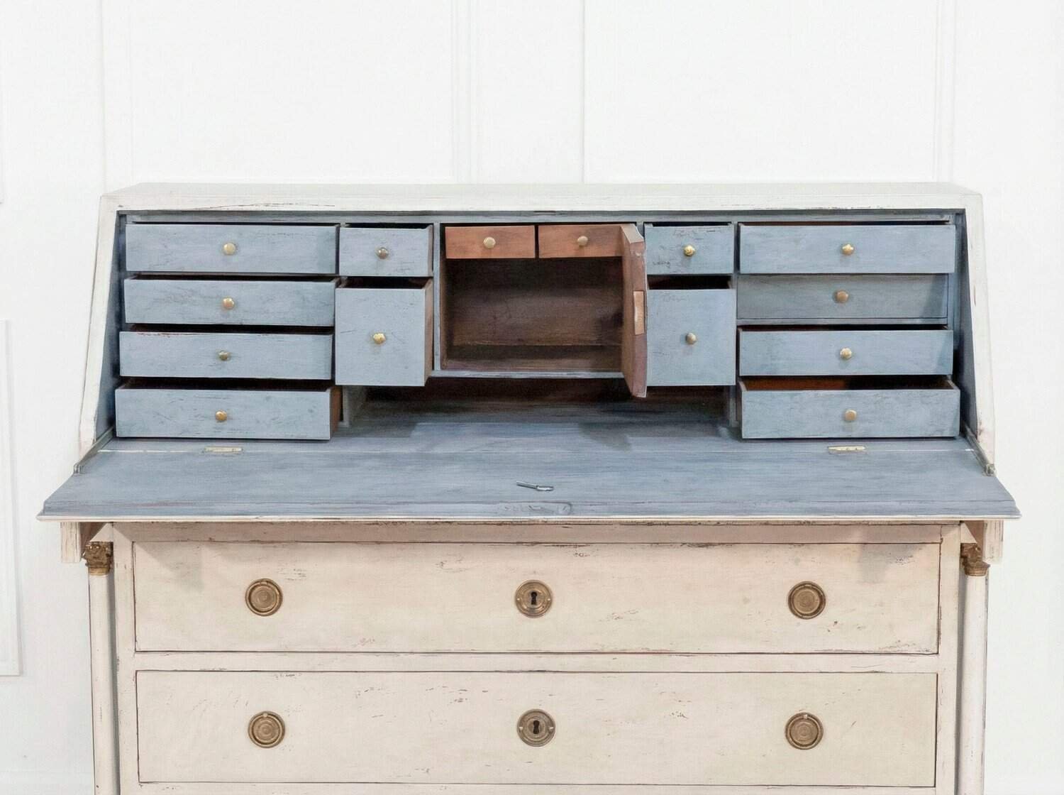 19th-Century Swedish Bureau with Carved Columns and Blue-Painted Interior - JAA