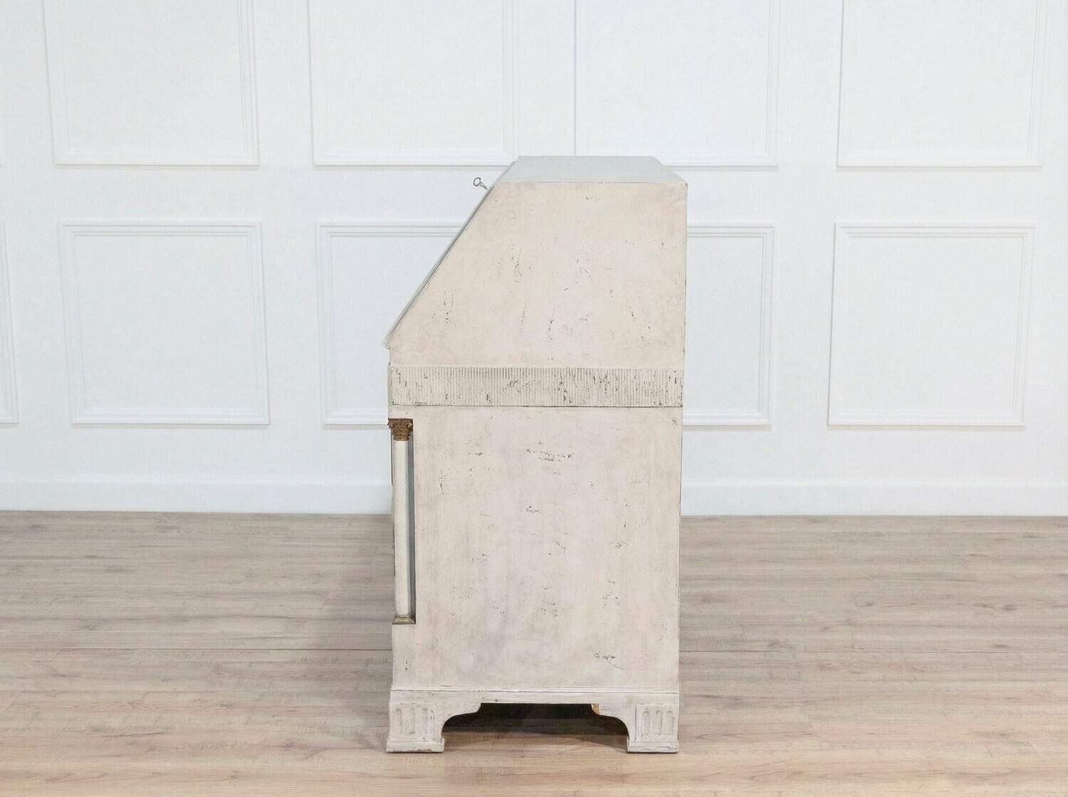 19th-Century Swedish Bureau with Carved Columns and Blue-Painted Interior - JAA