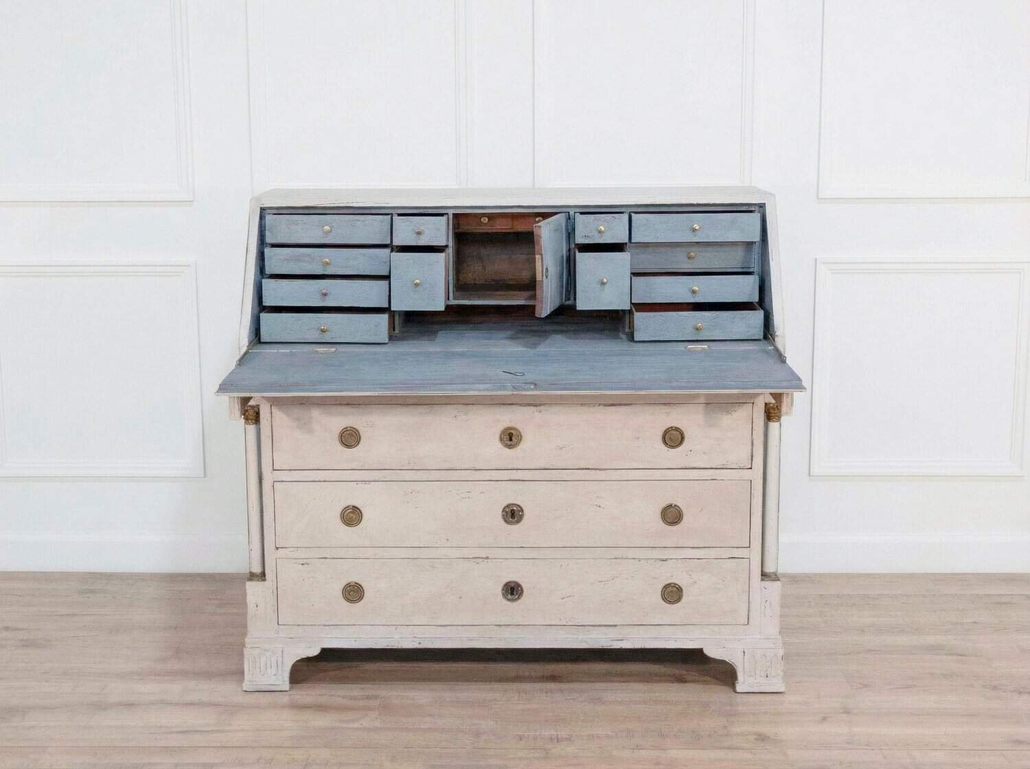 19th-Century Swedish Bureau with Carved Columns and Blue-Painted Interior - JAA