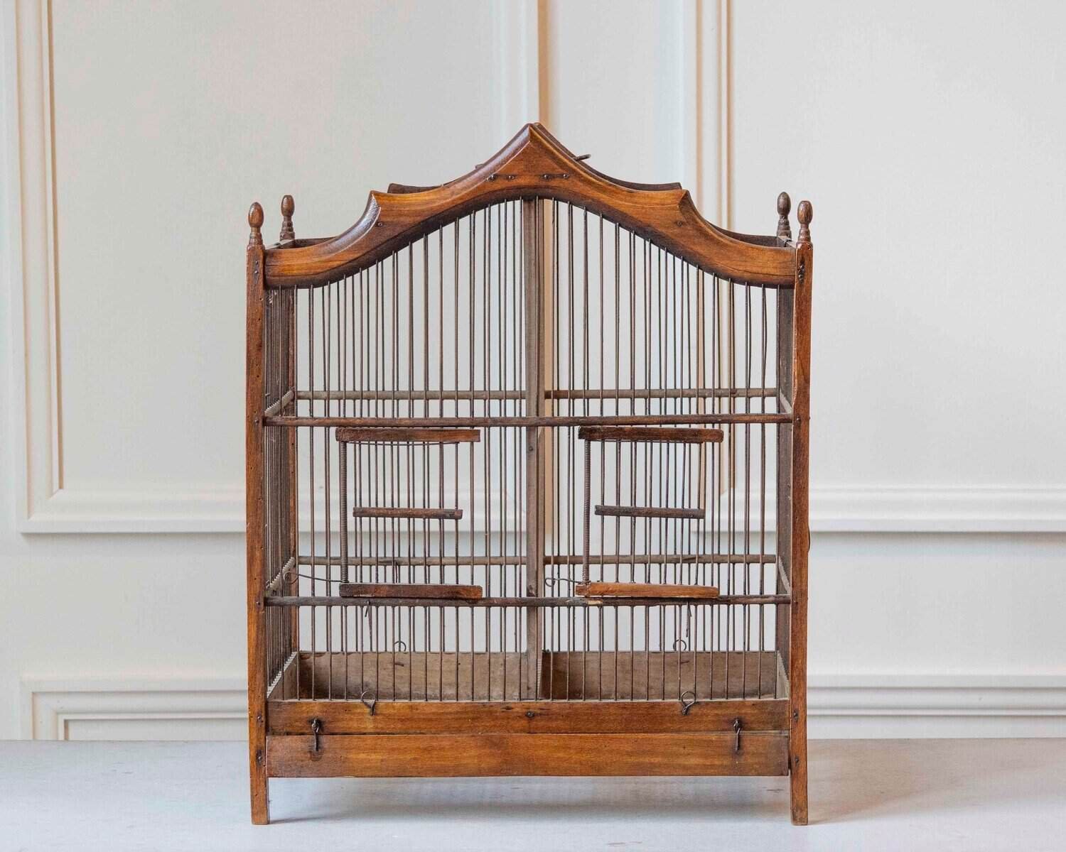 French 19th Century Beech Wood Architectural Birdcage with Carved Crown, Double Doors and Removable Center Divider - JAA
