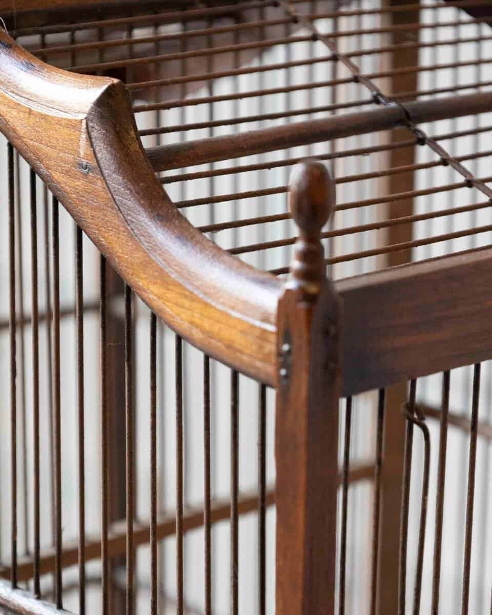 French 19th Century Beech Wood Architectural Birdcage with Carved Crown, Double Doors and Removable Center Divider - JAA