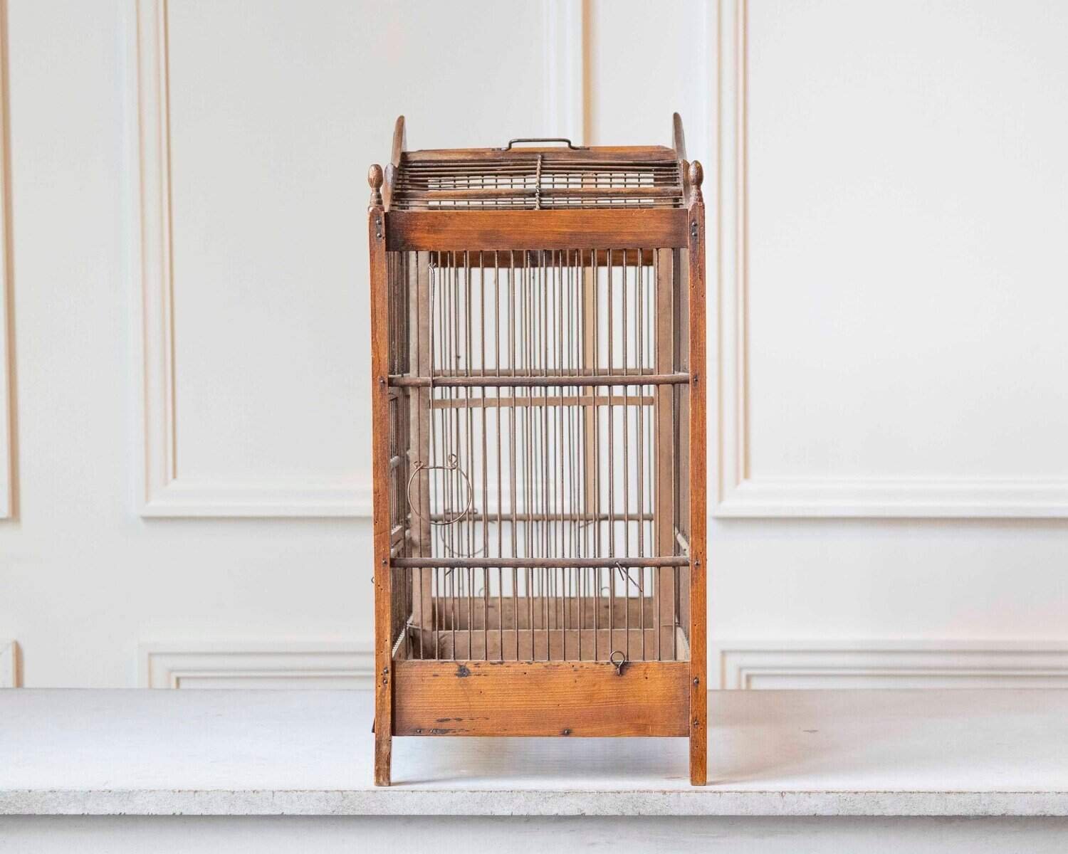 French 19th Century Beech Wood Architectural Birdcage with Carved Crown, Double Doors and Removable Center Divider - JAA