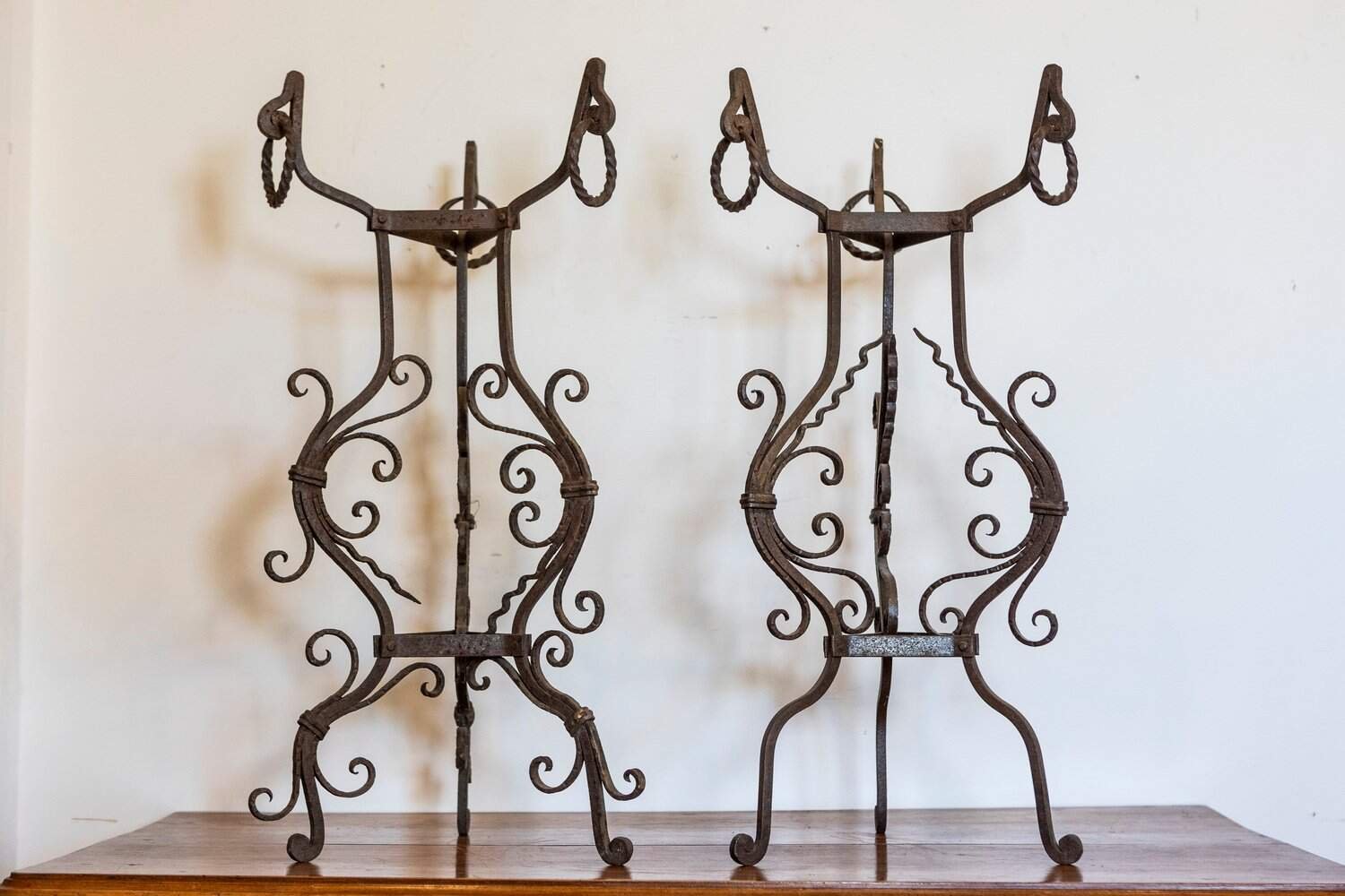 Italian circa 1900 Pair of Wrought-Iron Plant Stands with Scrolling Motifs - JAA
