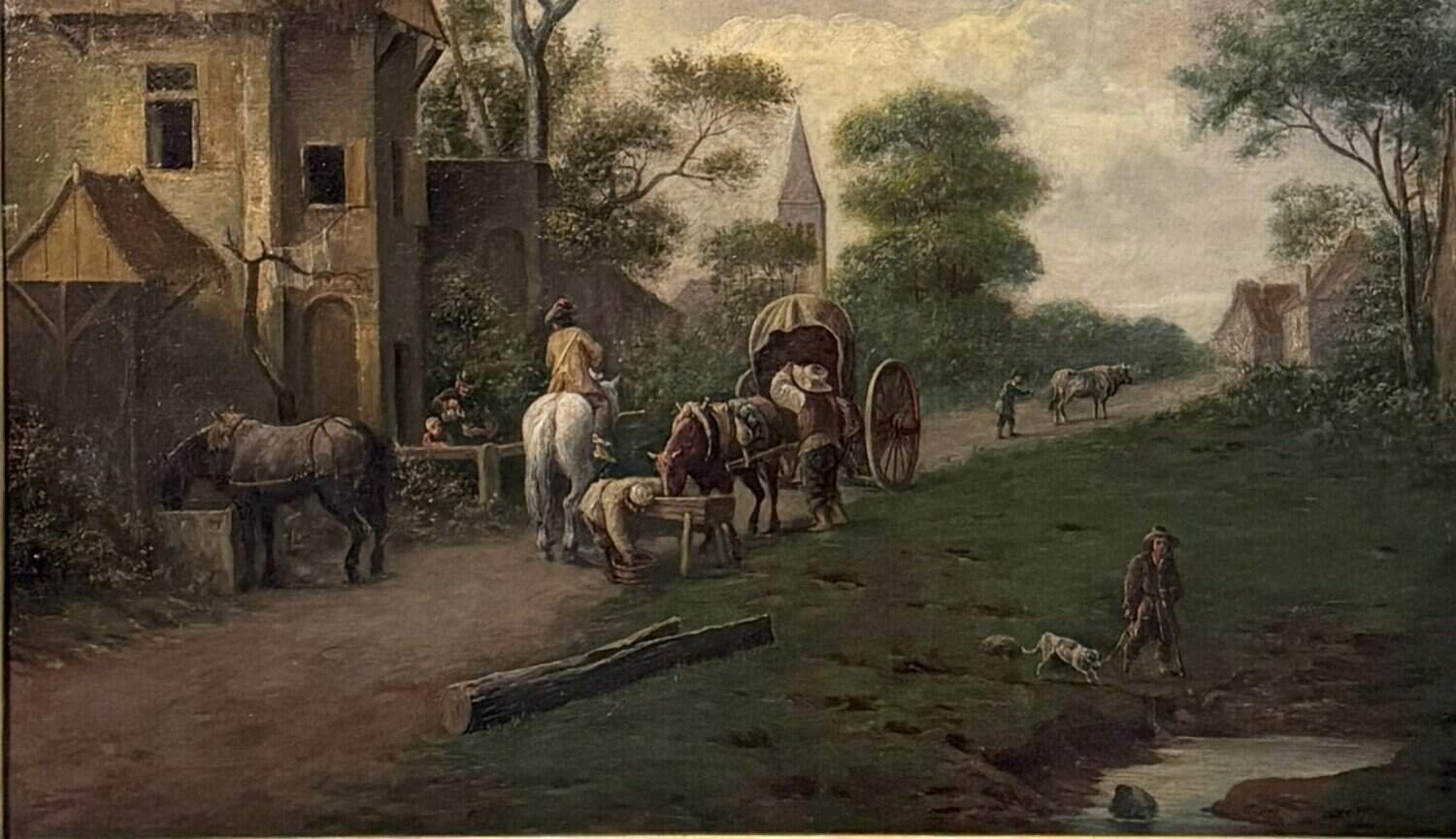 Flemish 18th Century Oil on Canvas, Suburban Street with Wayfarers - JAA