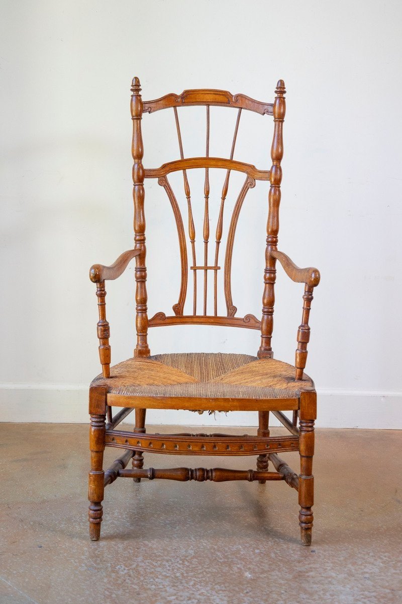 Rustic French 1890s Cherry Wood Armchair with Rush Seat and Sheaf Back - JAA