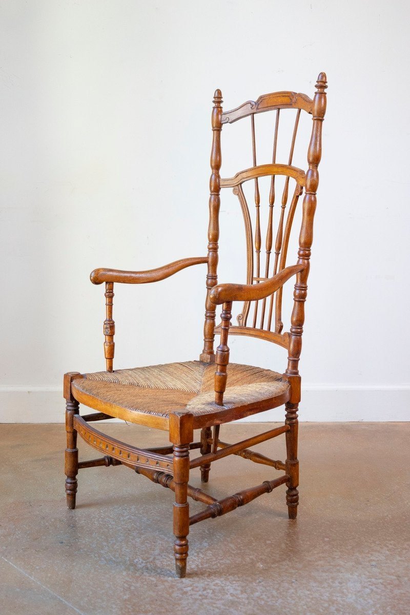 Rustic French 1890s Cherry Wood Armchair with Rush Seat and Sheaf Back - JAA