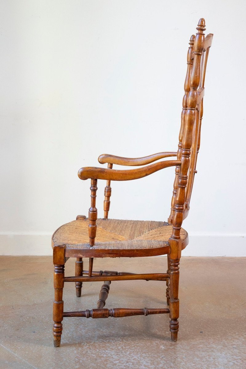 Rustic French 1890s Cherry Wood Armchair with Rush Seat and Sheaf Back - JAA