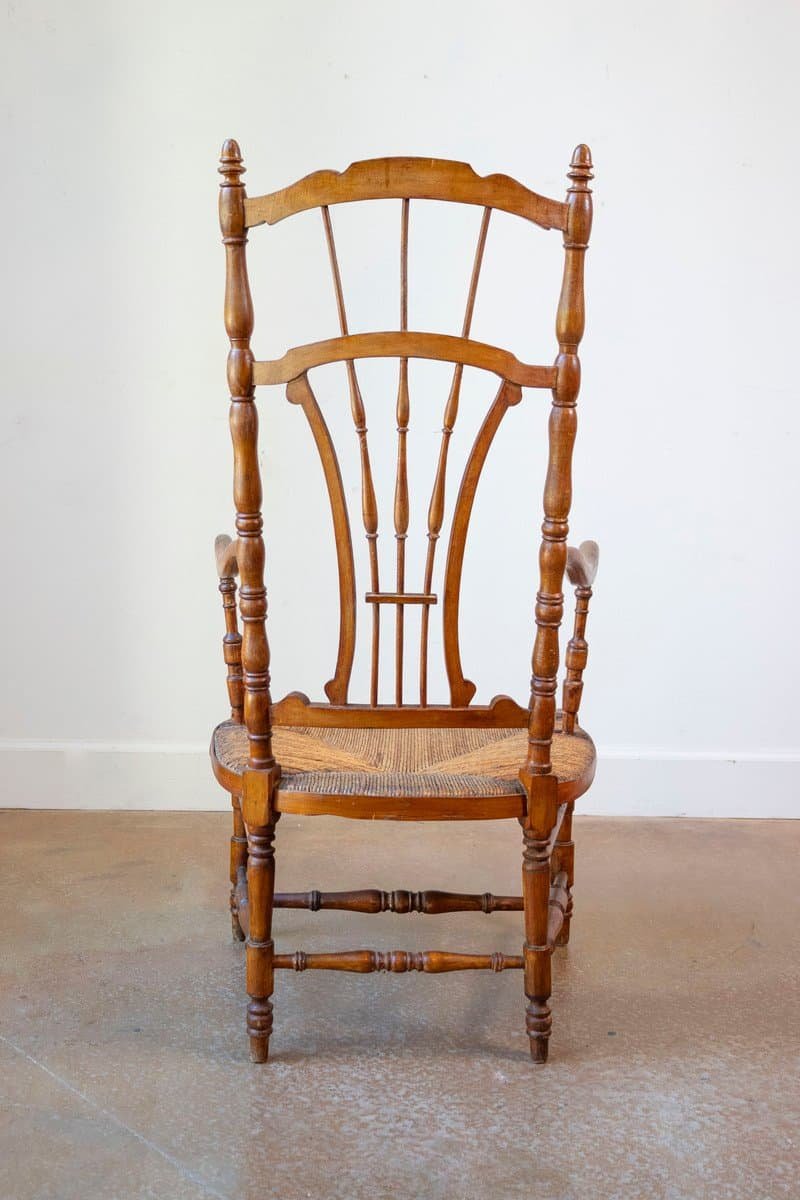 Rustic French 1890s Cherry Wood Armchair with Rush Seat and Sheaf Back - JAA