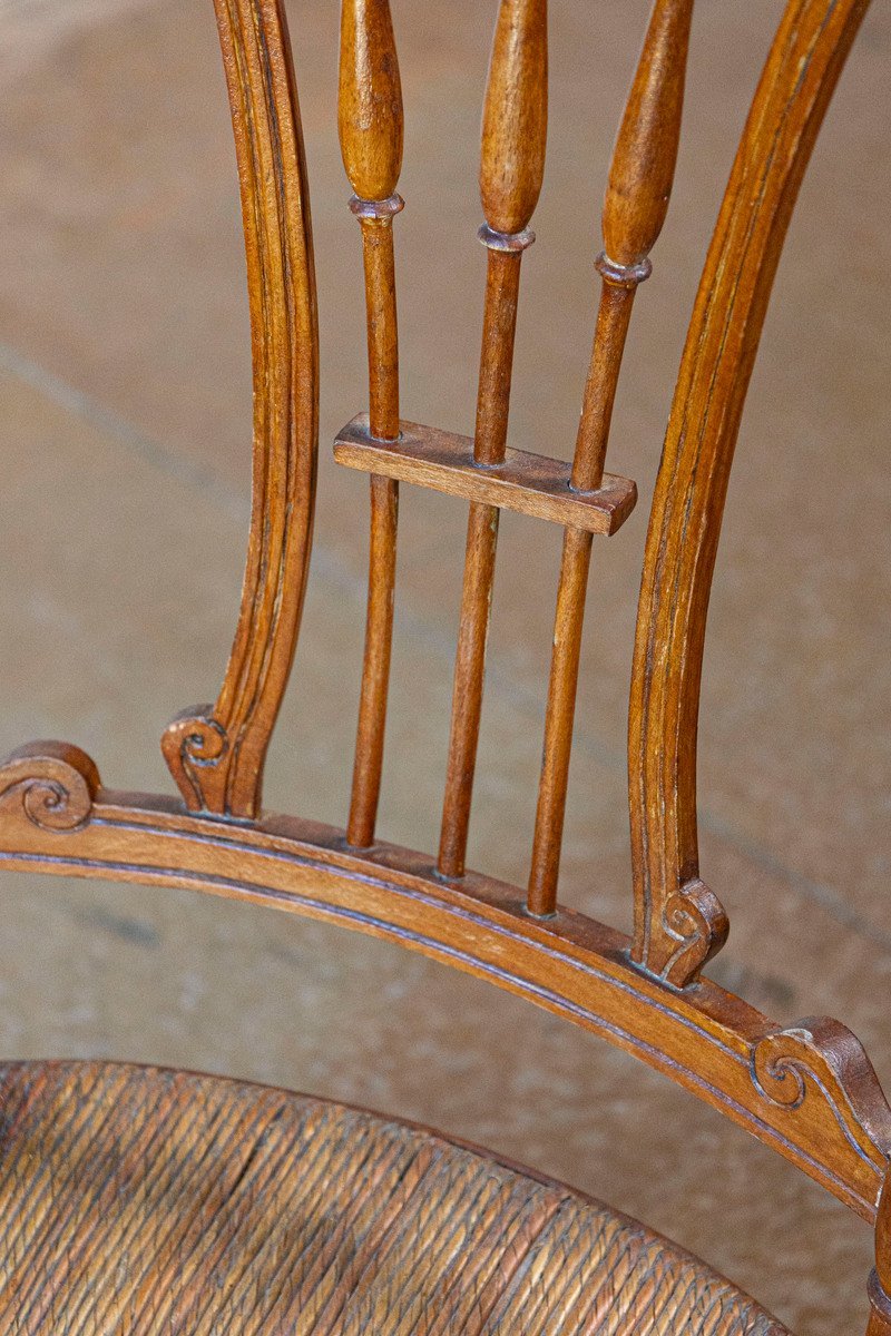 Rustic French 1890s Cherry Wood Armchair with Rush Seat and Sheaf Back - JAA