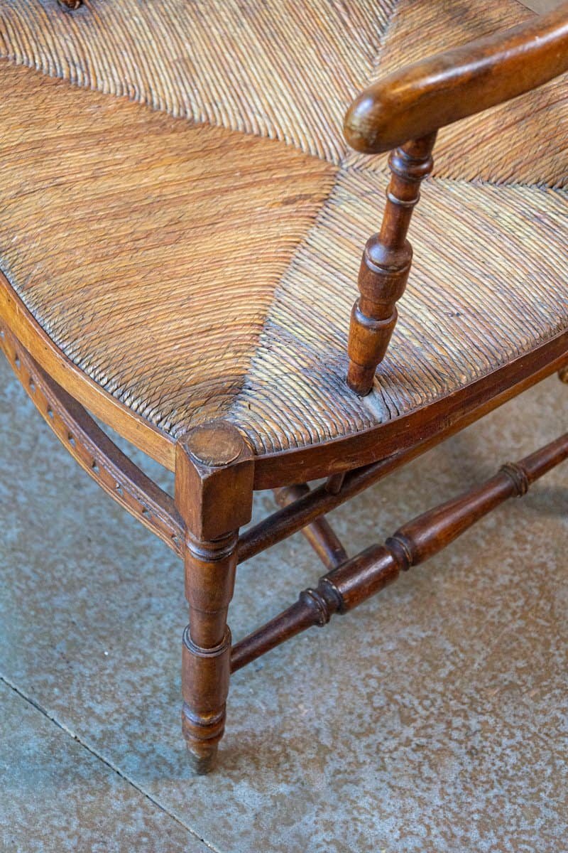Rustic French 1890s Cherry Wood Armchair with Rush Seat and Sheaf Back - JAA