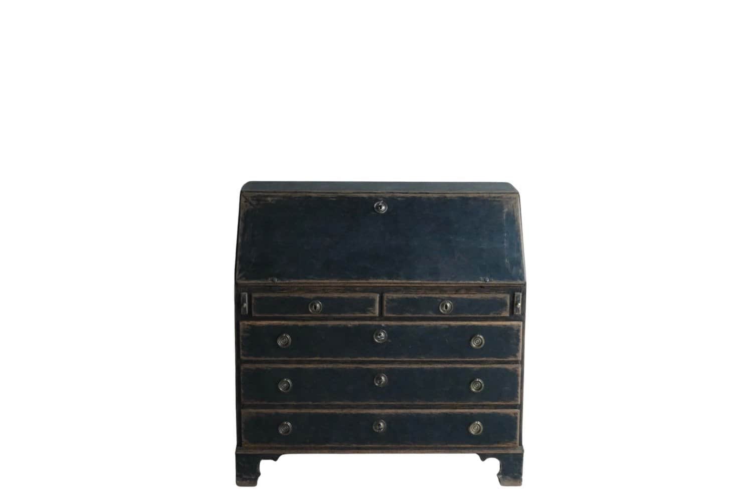 A period gustavian slant front desk, repainted in black and with a blue interior