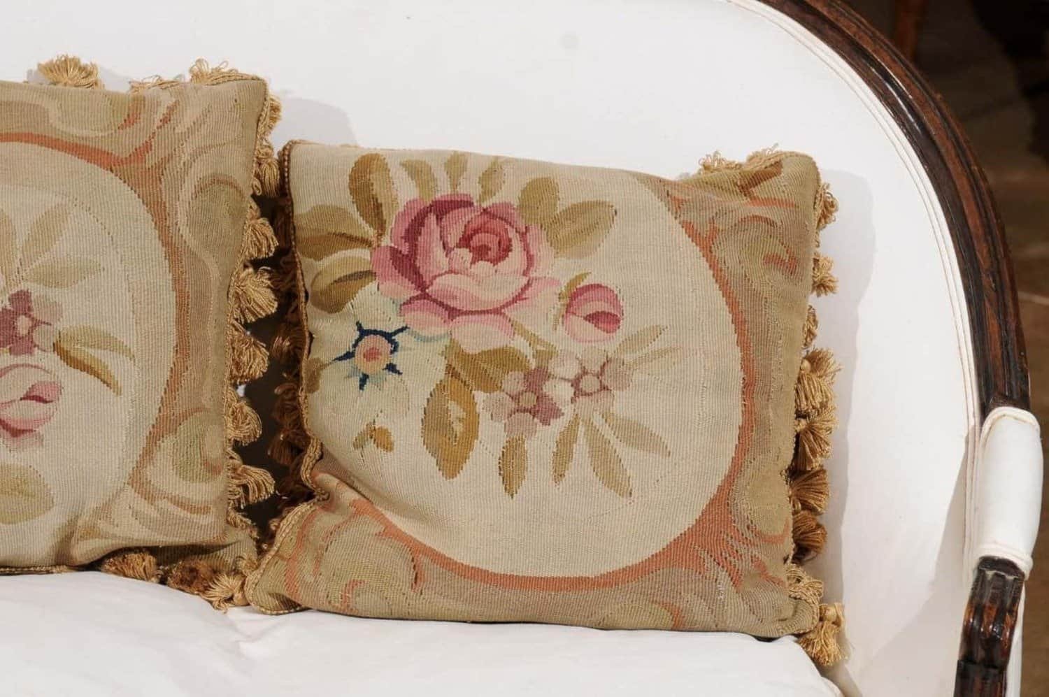 French 19th Century Aubusson Woven Tapestry Pillow with Roses and Tassels - JAA