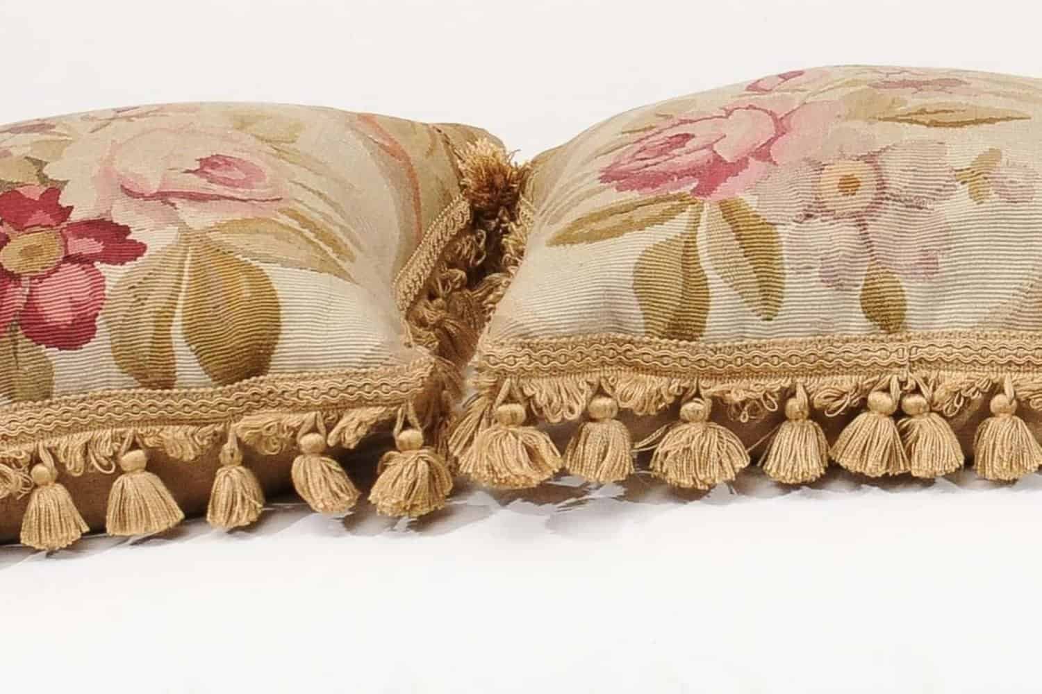 French 19th Century Aubusson Woven Tapestry Pillow with Roses and Tassels - JAA