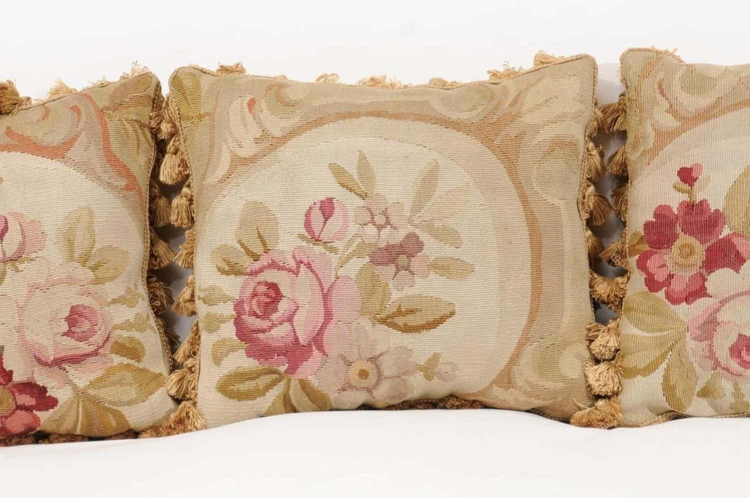 French 19th Century Aubusson Woven Tapestry Pillow with Roses and Tassels - JAA